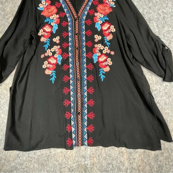 Andree by Unit Black Floral Embroidered Boho Festival Chic Button Up Tunic  Sz L - Picture 8 of 15